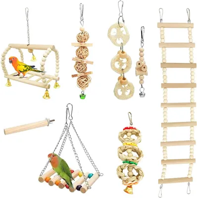 Produktbild von Set mit 8 Vogelspielzeugen (klein/mittelgroß): Schaukeln, Leitern, Glöckchen und Zubehör