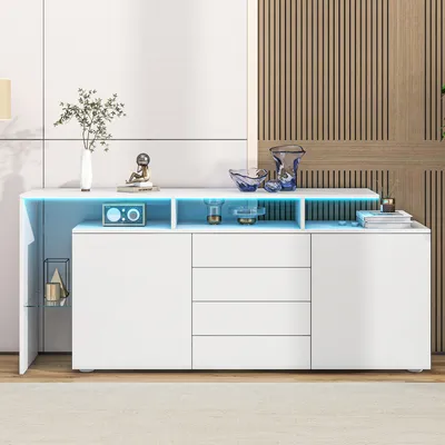 Produktbild von MODFU Sideboard mit LED-Beleuchtung,Kommode mit Glasablagen,Mehrzweck-Vitrine und Buffetschrank,Wohnzimmerschrank in Weiß Hochglanz,160 × 35 × 70 cm