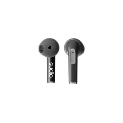 Two black wireless earbuds are shown against a white background.
