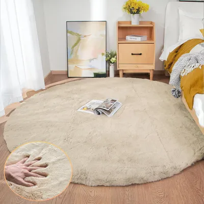 Productafbeelding van Rond vloerkleed, beige, pluizig, kunstbont, 180 cm, wasbaar
