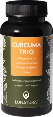 Produktbild von Lunatura Curcuma Trio | Kurkuma Kapseln mit Curcumin | Hochdosiert & Fermentiert | Angereichert mit Selen & Phosphatidylserin | 60 vegane Kapseln