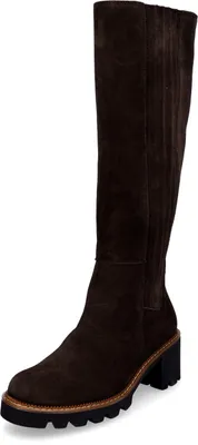 A single brown suede boot is shown against a white background.