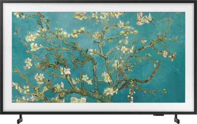 A Samsung Frame TV displaying Van Gogh's Almond Blossoms painting.