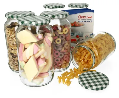 Obrázek produktu pro sada 6 skleněných zavařovacích sklenic 1062 ml kulaté zelené kostkované víčko zavařovací sklenice na džem zavařovací sklenice