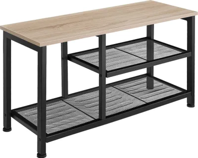 A shoe rack with a wooden top and black metal frame, featuring two shelves made of mesh.