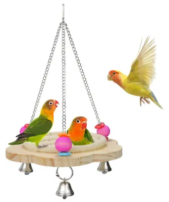 Image de Jouet pour oiseaux, nid en corde de coton avec 3 clochettes, diamètre d'environ 13 cm