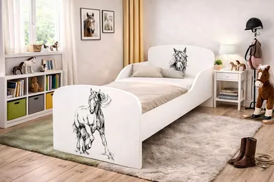Produktbild von Bayagu Kinderbett 160x80cm aus MDF mit Matratze Lattenrost und Rausfallschutz Pferd
