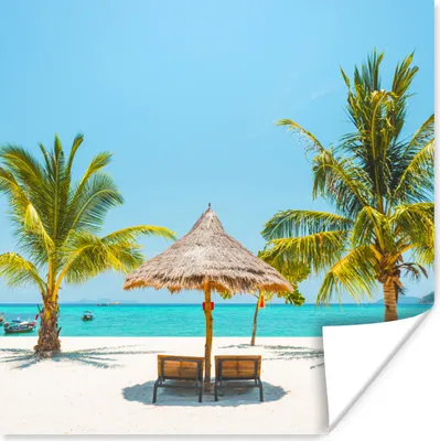 Produktbild von MuchoWow® Poster Strand mit Palmen und Strandkörben 50x50 cm - Wohnzimmerdekoration