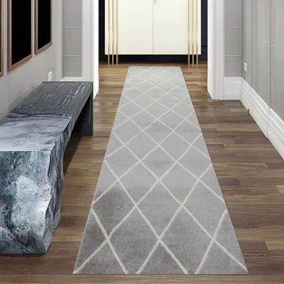 Produktbild von Teppich Skandinavischer Stil Wohnzimmer Rautenmuster - pflegeleicht - grau creme weiß Größe - 80 x 300 cm