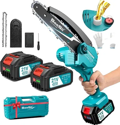 Produktbild von Elektrische Mini-Kettensäge, leistungsstarker 800W bürstenloser Motor, lange Akkulaufzeit mit 2 x 4000mAh Batterien, Mit 2-battery 4.0ah
