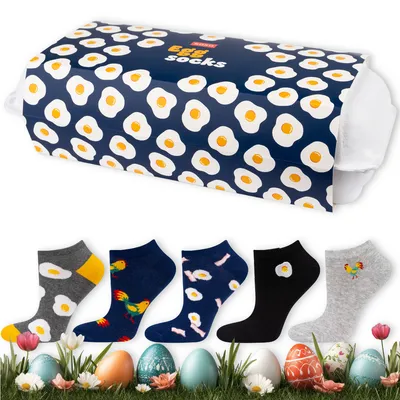 Produktbild von 5er-Set bunte Herrensocken Gr. 40-45 mit Ei-Motiv in einer Eierkarton-Verpackung – Sneakersocken von SOXO Geschenke für Männer
