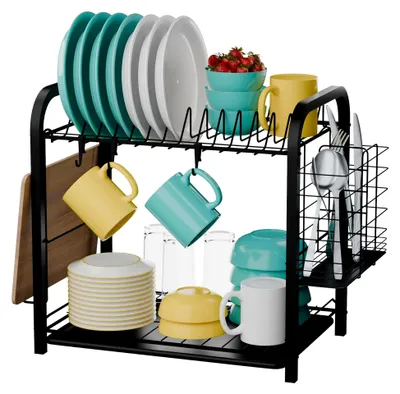 Produktbild von Abtropfgestell Geschirr Edelstahl Schwarz 41,5x21x33 cm - Geschirrabtropfgestell Kitchen - Geschirrständer - Moderne Abtropfgestell - Dish Drainer