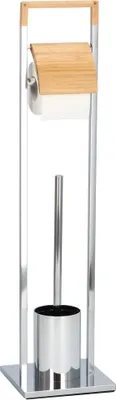 Produktbild von Metall, Bambus WC Stand- Garnitur WC Ständer Toilettenpapierhalter Bürstenhalter - Silber