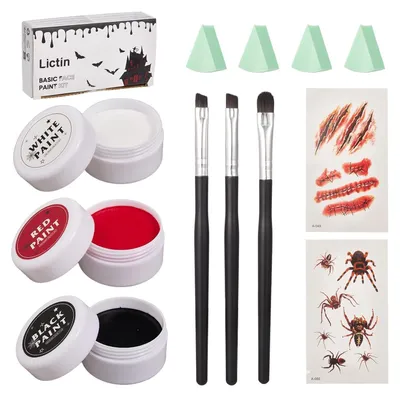 Obrázek produktu pro Sada na líčení na Halloween: 3 barvy (černá, červená, bílá) s štětci, houbičkami a tetovacími samolepkami pro zombíky, upíry a cosplay