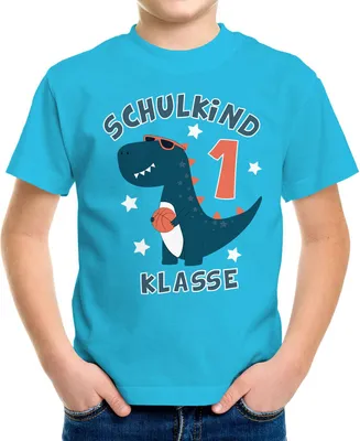 Produktbild von Kinder T-Shirt Jungen Dinosaurier T-Rex Schulkind 1. Klasse Geschenk zur Einschulung Schulanfang Moonworks® türkis 122-128 (7-8 Jahre)