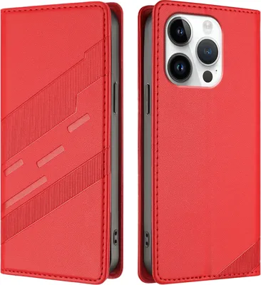 Produktbild von Hülle für iPhone 16 Pro, Kunstleder Brieftaschen Handyhülle mit Kartenfach und Standfunktion Rot