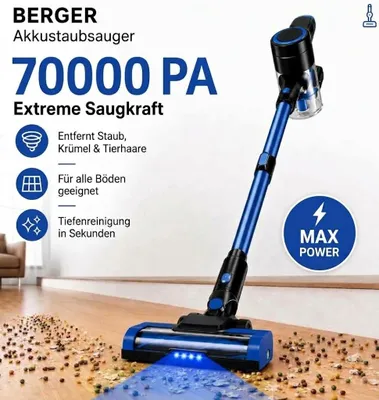 Produktbild von BERGER Staubsauger, Staubsauger, Akku-Hand-und Stielstaubsauger, Staubsauger Kabellos, 70 min Laufzeit, Berger 1.8L 70000 Pa/600W, HEPA Filter