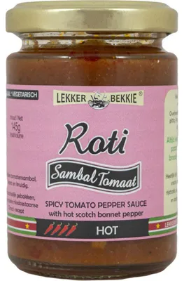 Image de Lekker Bekkie Roti Sambal Tomaat 145g – Sambal aux tomates épicées en trempette et en accompagnement