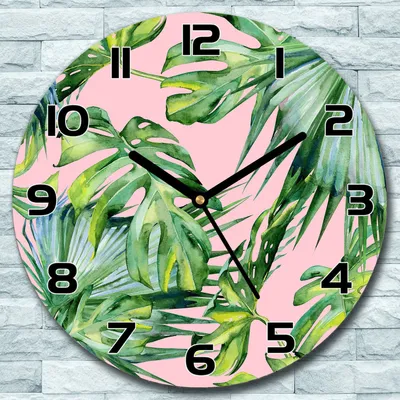 Produktbild von Wanduhr aus Glas Rund fi 30 Rosa Grün Blätter Quarz Deko Schlafzimmer Büro