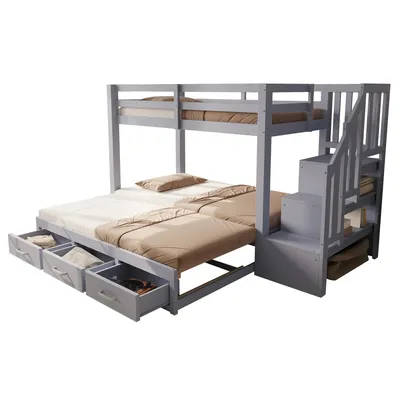 Produktbild von Merax Etagenbett 90/180x200cm mit Stauraumleiter und Ausziehbett, Kinderbett mit Schubladen und Lattenrost, Holzbett mit Schutzgitter, Kiefer+MDF,Grau