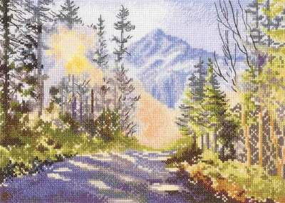Produktbild von Stichmuster-Set für Kreuzstich, Motiv: "Waldweg zu den Bergen", 27 x 20 cm