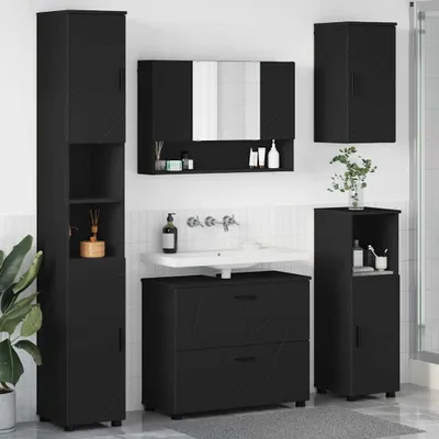Produktbild von "Schlussverkauf" Badezimmer Sets mit Tür 5 Stück - Badmöbel/Badschrank/Badregal - Schwarz Sperrholz und Metall  C13189