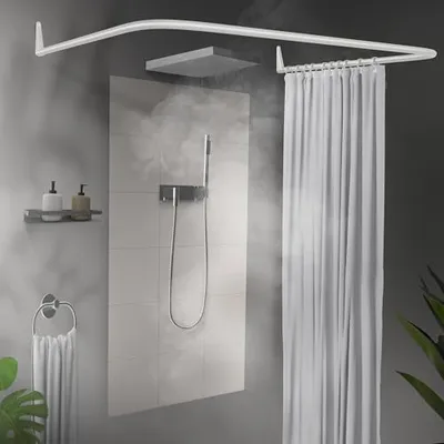 Produktbild von Erica Winkelstange Dusche 85x95x85 cm, Winkelstange, Duschvorhangstange ohne Bohren, Weiß Pulverbeschichteter Stahl, 100% Rostfrei