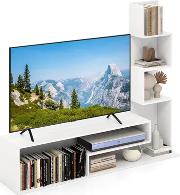Zdjęcie produktu dla Stojak TV COSTWAY do telewizorów do 50 cali, konsola multimedialna z półkami w kształcie litery L i otwartymi przegrodami, centrum rozrywki biały