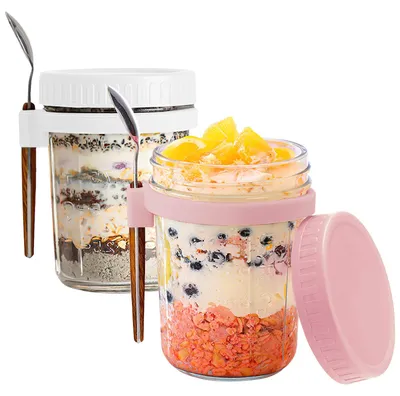 2er-Set Overnight-Oats-Gläser 350 ml mit Deckel und Löffel, weiß/rosa