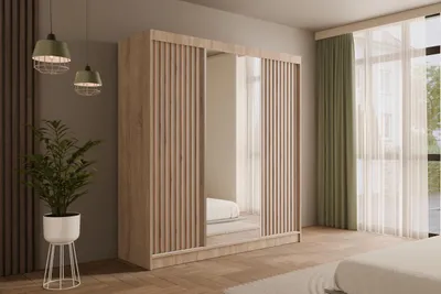 Produktbild von ALTDECOR Kleiderschrank mit Spiegel und Schiebetüren,  Garderobenschrank mit  Lamellentüren Schwebetürenschrank mit Lamel, Schrank V2-ZENTI 215x200 cm Sonoma Eiche/Weiß