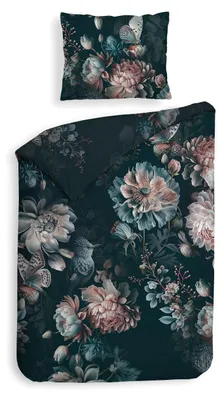 Produktbild von Heckettlane Satin Bettwäsche 155x220 Milos Dark Blue Blüten Vögel Schmetterling blau rosa
