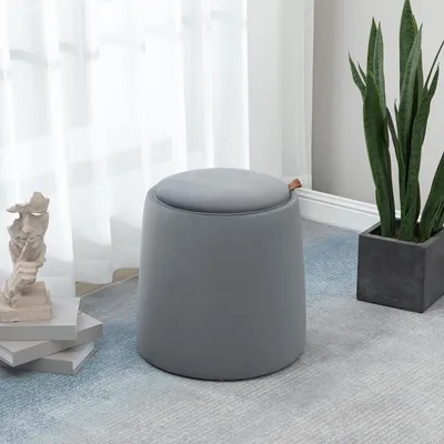 Produktbild von Sitzhocker mit Stauraum, runde Ottomane mit Wendedeckel, Samtoptik Polsterhocker, Grau | Ø 44 cm, H 47,5 cm | 2-in-1 Couchtisch