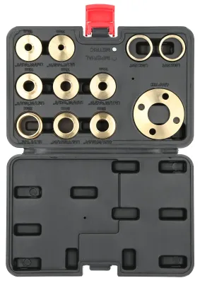 Productafbeelding van 11-delige set messing malplaatjes voor routergidsen, inclusief moeradapter en ander accessoire