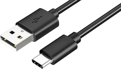 A black USB-C to USB-A cable is shown against a white background.