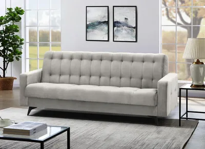 A modern living room with a sofa, artwork, and a plant.
