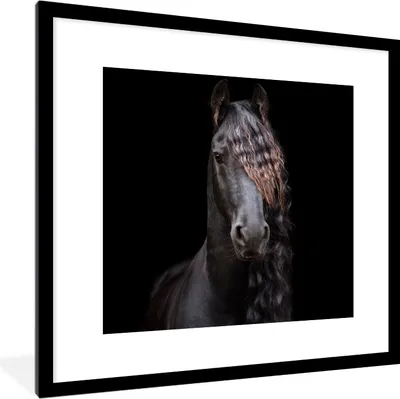 Produktbild von MuchoWow® Gerahmtes Poster Pferde - Friesisch - Mähne - Schwarz - Tiere 40x40 cm - Poster mit Schwarzem Bilderrahmen Wandposter Rahmen Foto Bilder - Poster - Plakat im Rahmen