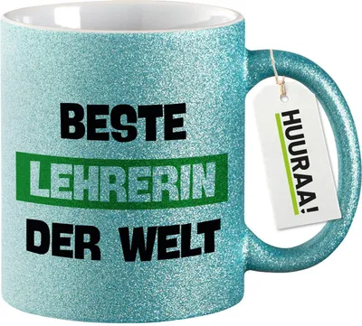 Produktbild von Huuraa Glitzertasse Beste Lehrerin der Welt 330ml Blau Keramik Kaffeebecher Geschenkidee