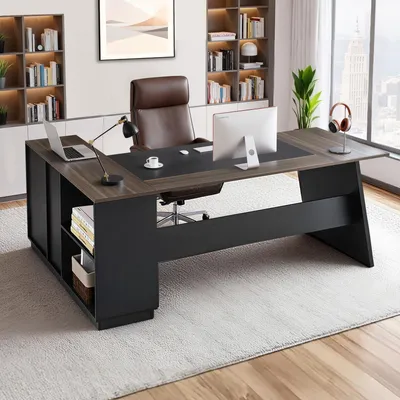 Produktbild von VEVOR L-förmiger Chefschreibtisch moderner Bürotisch mit Schubladen & Lagerschrank, robuster Schreibtisch aus Holz, 158,7 kg Tragkraft, Computertisch für Arbeit Studium Schreiben, Braun+Schwarz