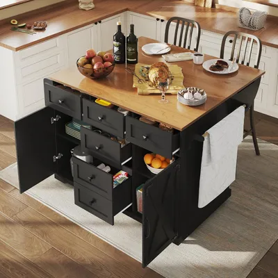 Produktbild von Mobile Kücheninsel und Küchenwagen als Buffetschrank, Küchenschrank und klappbarer Servierwagen mit Rollen, Holzmaserung und großem Stauraum, 5 Schubladen und Bremsen, 120x70x92cm (Schwarz)