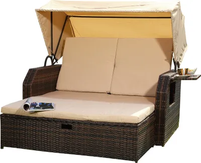 Produktbild von Mucola Strandkorb Rattan Sonnenbett mit verstellbarem Dach Polyrattan Sonnenliege Liegebett Relaxliege Gartenliege Gartenmöbel - Braun