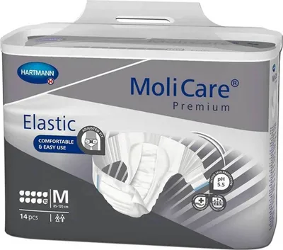 A package of Molicare Premium Elastic adult diapers.