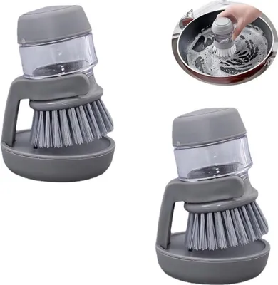 Produktbild von 2 stück Spülbürste mit Integriertem, Bürste mit Seifenspender,Abwaschbürste,Küchenbürste mit Halter,Reinigungsbürste mit Druckfunktion,für Geschirr Töpfen Pfannen Reinigung(Grau)