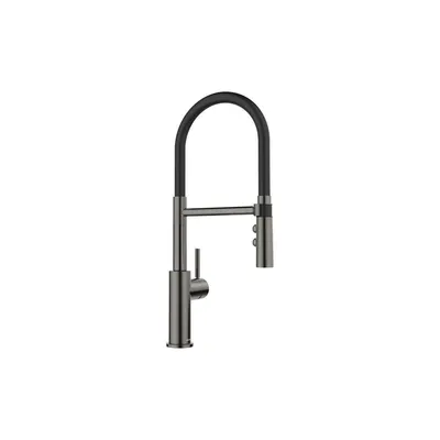 A kitchen faucet with a flexible hose.