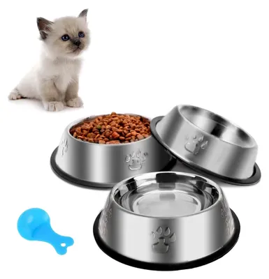 Produktbild von Katzennapf Set, 3 Stück, Edelstahl rutschfest, Futterschüssel für Katzen und kleine Hunde
