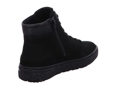A black high-top boot shown from the side and back.