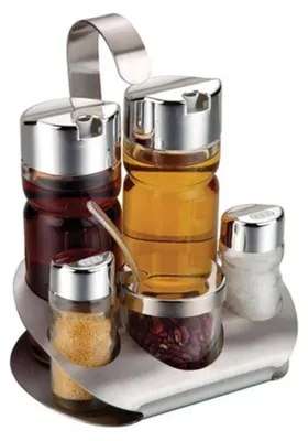 Produktbild von 6-teiliges Menage Set aus hochwertigem Edelstahl - Gewürzständer mit Glasbehältern