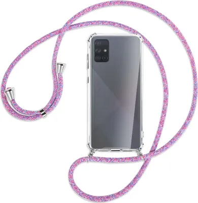 Produktbild von Handykette Backcover-Schutzhülle mit Band (Metall silberfarben) für Samsung Galaxy A71 (A715) - lila/rosa/blau