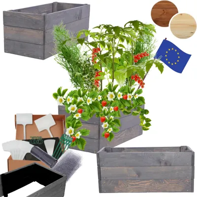 Produktbild von MODO24 Hochbeet Holz, Pflanzkasten, Massivholz, Kiefer, Kräuterbeet, Blumenkasten, Garten, Terrasse, 27x63x30 cm, Grau, ZP06