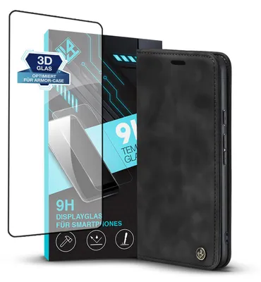 Produktbild von Handy Hülle für Google Pixel 7 Pro mit 9H Displayglas Klapphülle Bookcase Flip Cover Handy Tasche Etui Farbe: Schwarz