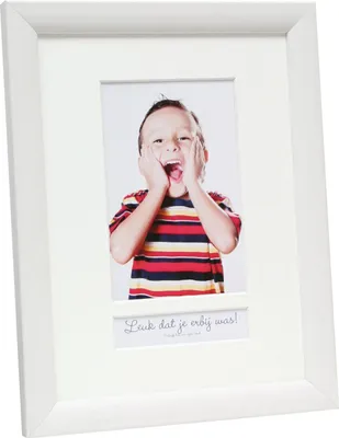 Produktbild von Bilderrahmen Holz weiß Malerdesign mit Textfach 10x15 cm Deknudt S54SF1
